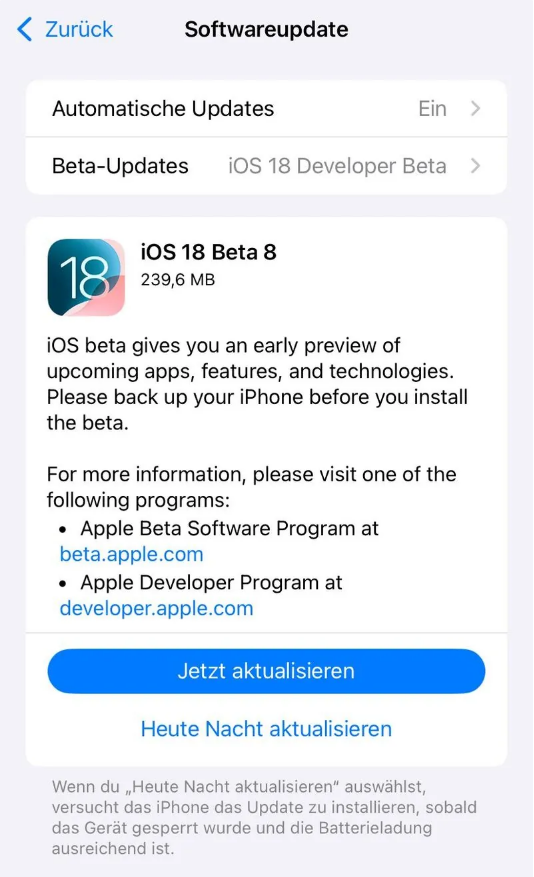 长宁苹果手机维修分享苹果 iOS / iPadOS 18 开发者预览版 Beta 8 发布 